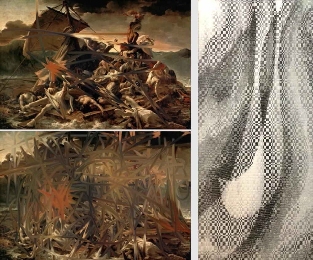 Bên trái: Hình ảnh tĩnh từ video Aphantasia – Raft of the Medusa (2017) của Andrew Bracey; Bên phải: Melissa English Campbell, người có hyperphantasia, dệt các họa tiết hình học vào vải lanh, như tác phẩm Honey (2014), bằng cách “dành hàng giờ trong nhiều ngày hoặc tháng để hoàn thiện toàn bộ tác phẩm trong tâm trí mình.”