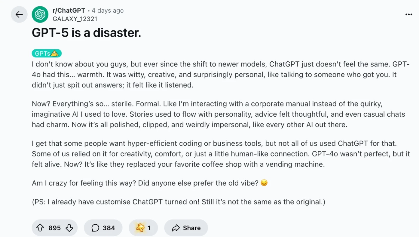 Phàn nàn về GPT-5 trên Reddit