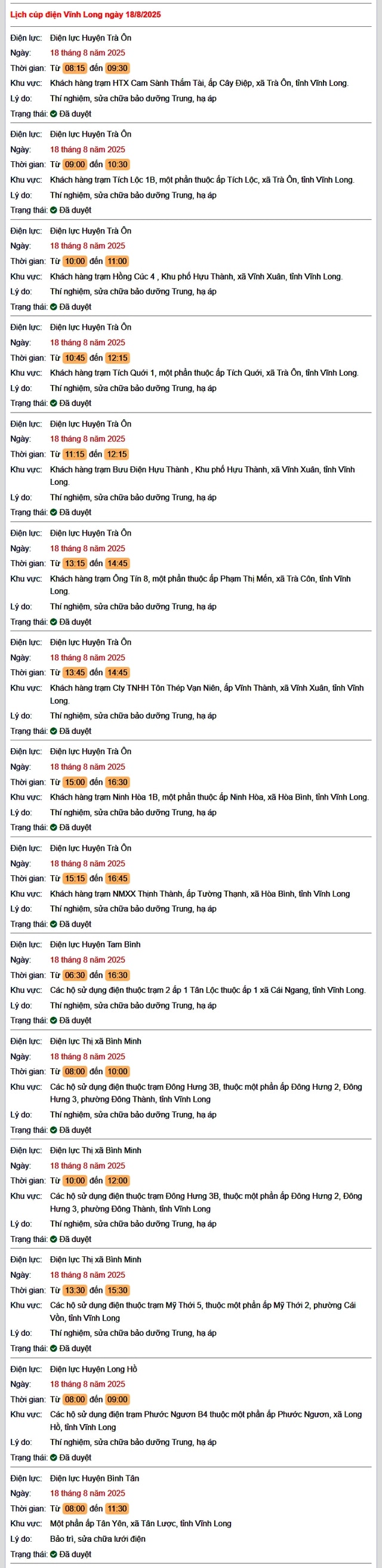 Tra cứu lịch cúp điện hôm nay Thứ 2 ngày 18/8/2025 tại Vĩnh Long- Ảnh 1.