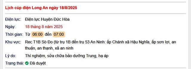 Tra cứu lịch cúp điện hôm nay Thứ 2 ngày 18/8/2025 tại Long An- Ảnh 1. Tra cứu lịch cúp điện hôm nay Thứ 2 ngày 18/8/2025 tại Long An- Ảnh 1.