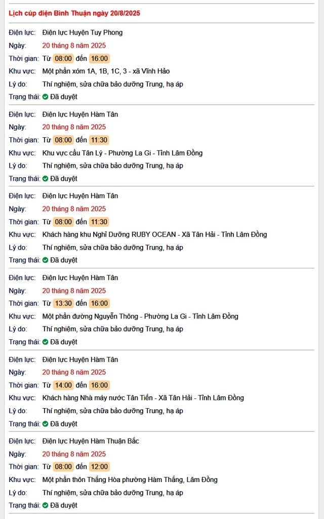 Tra cứu lịch cúp điện Bình Thuận hôm nay Thứ 4 ngày 20/8/2025- Ảnh 1.