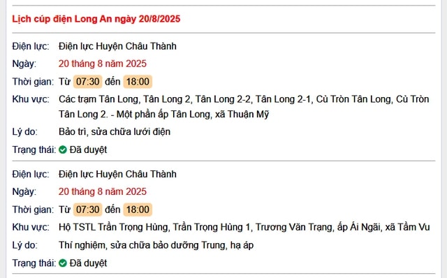 Tra cứu lịch cúp điện hôm nay Thứ 4 ngày 20/8/2025 tại Long An- Ảnh 1. Tra cứu lịch cúp điện hôm nay Thứ 4 ngày 20/8/2025 tại Long An- Ảnh 1.