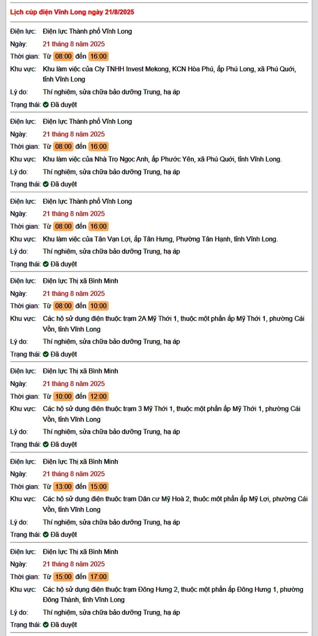 Tra cứu lịch cúp điện hôm nay Thứ 5 ngày 21/8/2025 tại Vĩnh Long- Ảnh 1.
