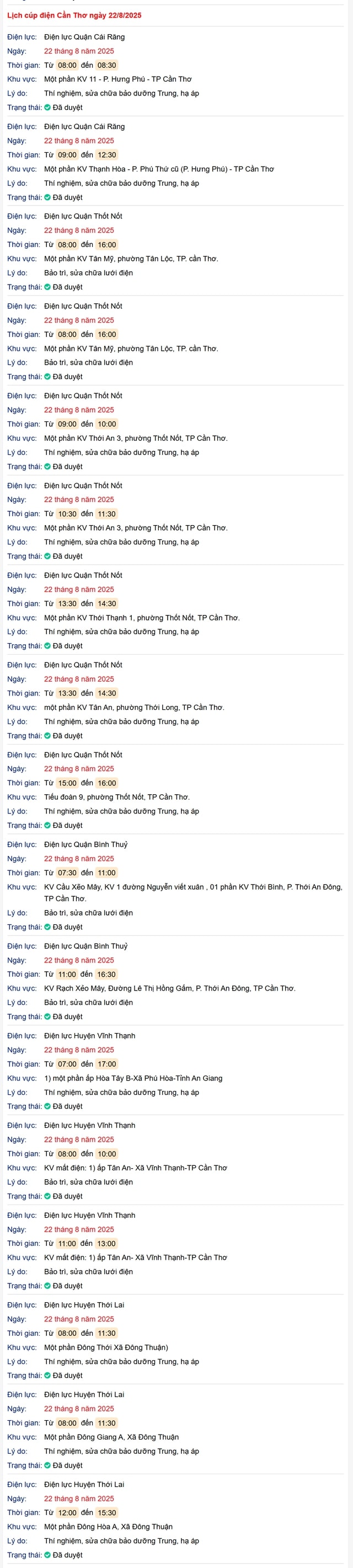 Tra cứu lịch cúp điện hôm nay Thứ 6 ngày 22/8/2025 tại Cần Thơ- Ảnh 1. Tra cứu lịch cúp điện hôm nay Thứ 6 ngày 22/8/2025 tại Cần Thơ- Ảnh 1.