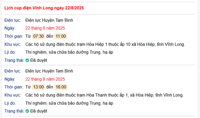 Tra cứu lịch cúp điện hôm nay Thứ 6 ngày 22/8/2025 tại Vĩnh Long- Ảnh 1.