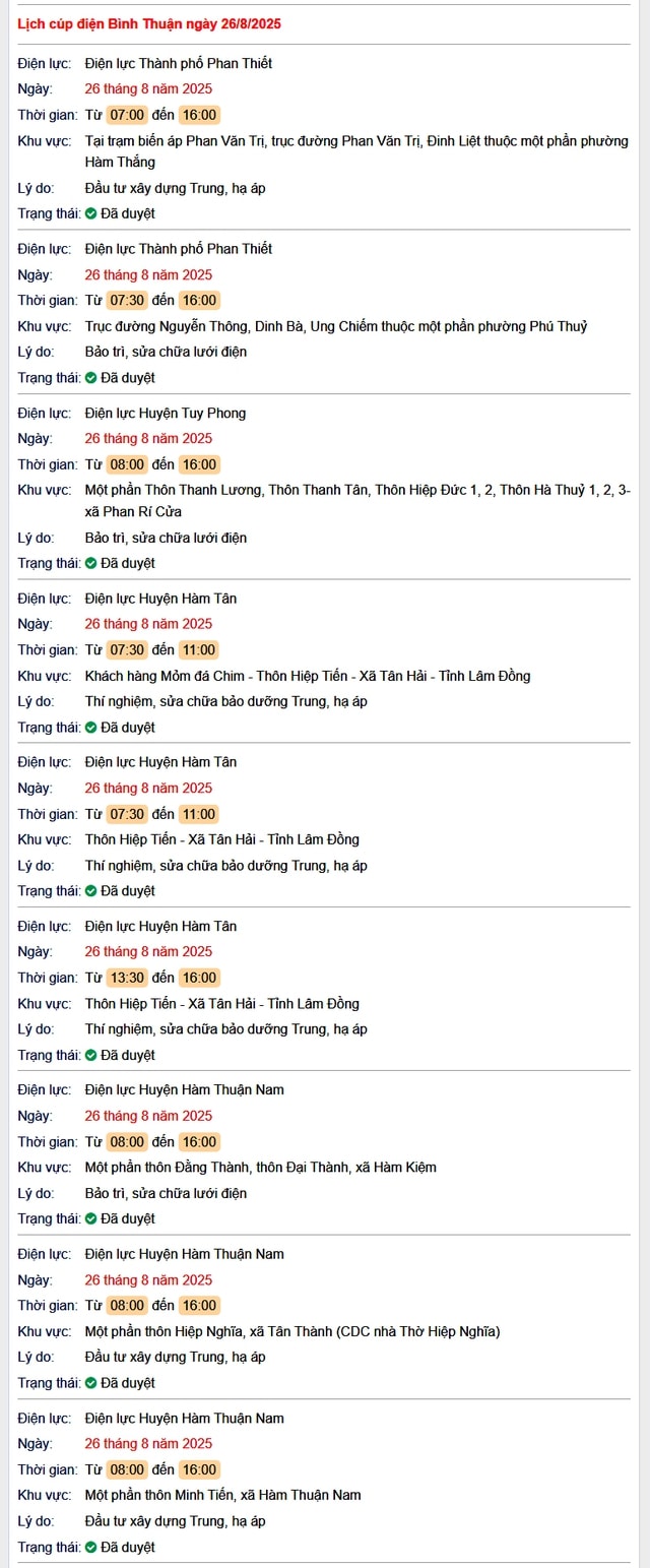 Tra cứu lịch cúp điện hôm nay Thứ 3 ngày 26/8/2025 tại Bình Thuận- Ảnh 1.
