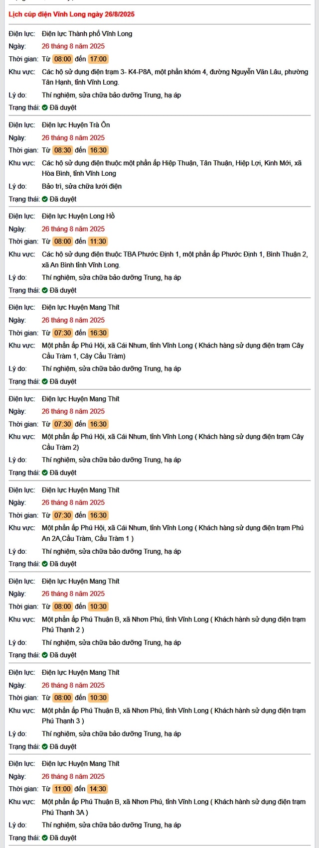 Tra cứu lịch cúp điện hôm nay Thứ 3 ngày 26/8/2025 tại Vĩnh Long- Ảnh 1.