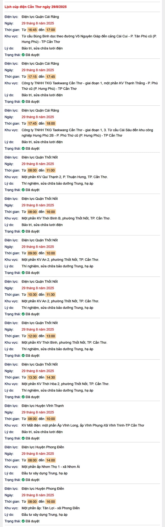 Tra cứu lịch cúp điện hôm nay Thứ 6 ngày 29/8/2025 tại Cần Thơ- Ảnh 1. Tra cứu lịch cúp điện hôm nay Thứ 6 ngày 29/8/2025 tại Cần Thơ- Ảnh 1.