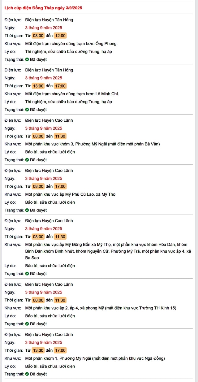 Tra cứu lịch cúp điện tại Đồng Tháp hôm nay ngày 3/9- Ảnh 1.