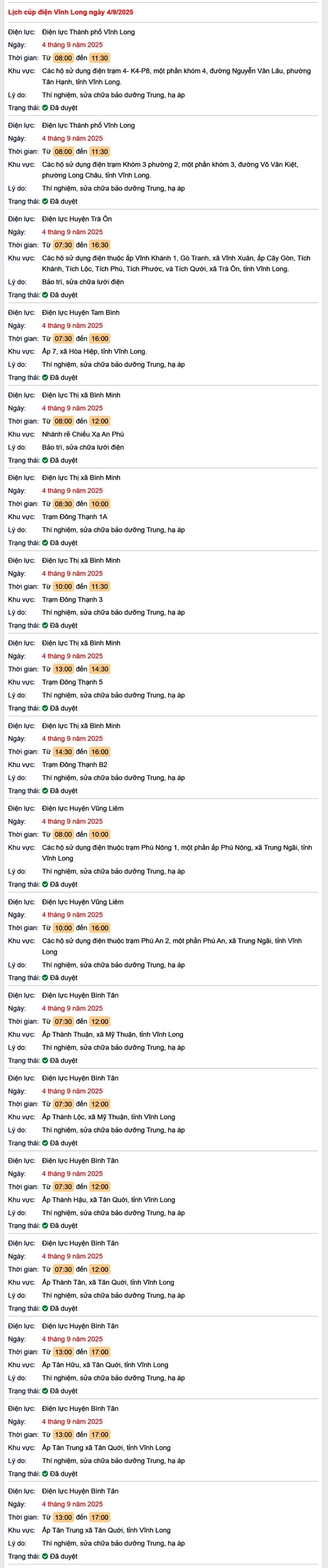 Tra cứu lịch cúp điện hôm nay Thứ 5 ngày 4/9/2025 tại Vĩnh Long- Ảnh 1.