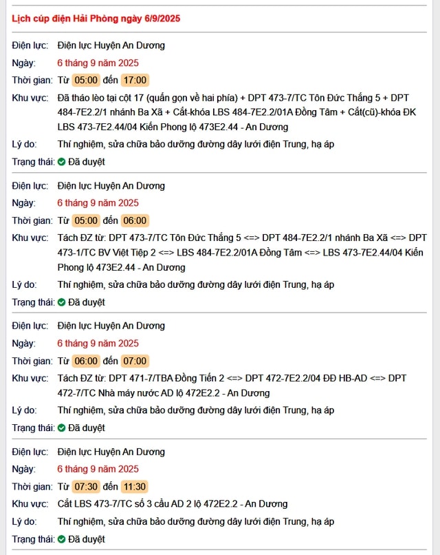 Tra cứu lịch cắt điện Hải Phòng hôm nay Thứ 7 ngày 6/9/2025- Ảnh 1. Tra cứu lịch cắt điện Hải Phòng hôm nay Thứ 7 ngày 6/9/2025- Ảnh 1.