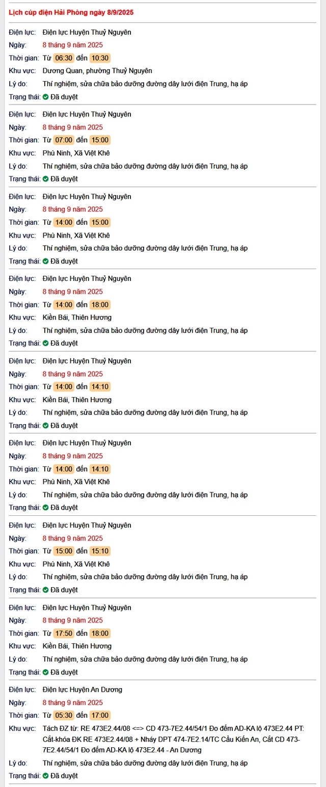 Tra cứu lịch cắt điện Hải Phòng hôm nay Thứ 2 ngày 8/9/2025- Ảnh 1. Tra cứu lịch cắt điện Hải Phòng hôm nay Thứ 2 ngày 8/9/2025- Ảnh 1.