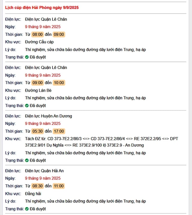 Tra cứu lịch cắt điện Hải Phòng hôm nay Thứ 3 ngày 9/9/2025- Ảnh 1. Tra cứu lịch cắt điện Hải Phòng hôm nay Thứ 3 ngày 9/9/2025- Ảnh 1.
