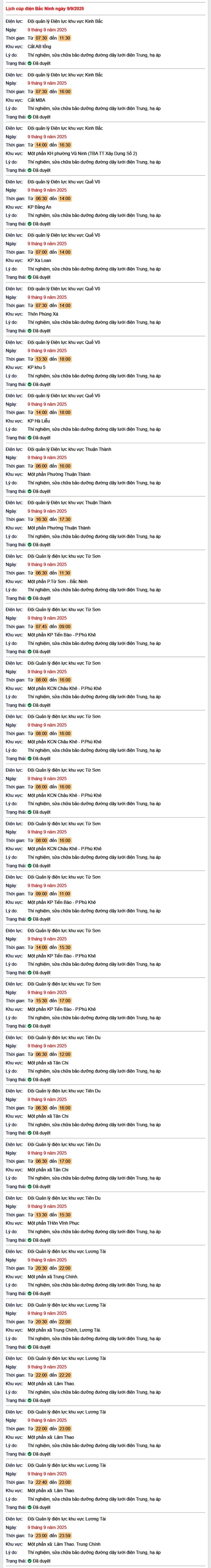 Tra cứu lịch cắt điện Bắc Ninh hôm nay Thứ 3 ngày 9/9/2025- Ảnh 1. Tra cứu lịch cắt điện Bắc Ninh hôm nay Thứ 3 ngày 9/9/2025- Ảnh 1.