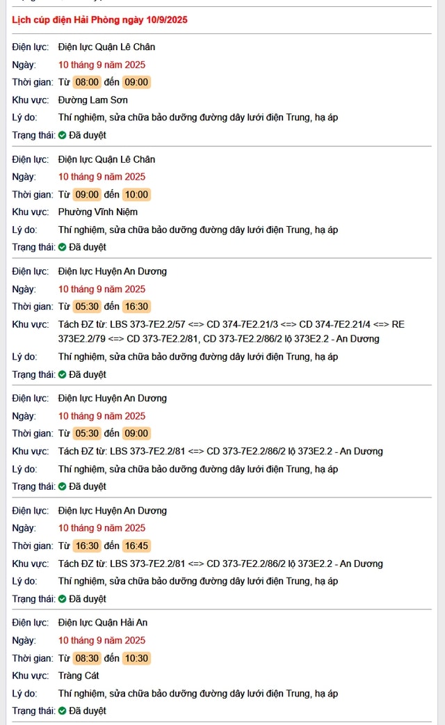 Tra cứu lịch cắt điện Hải Phòng hôm nay Thứ 4 ngày 10/9/2025- Ảnh 1. Tra cứu lịch cắt điện Hải Phòng hôm nay Thứ 4 ngày 10/9/2025- Ảnh 1.