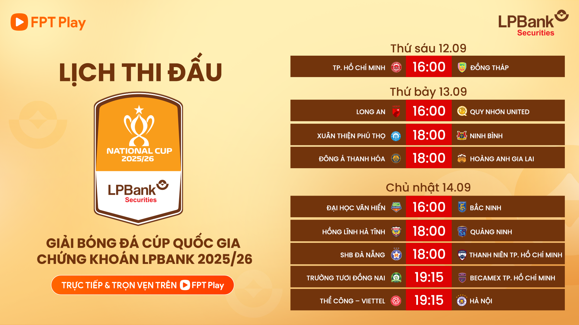 Cúp Quốc gia chứng khoán LPBank 2025-2026 khởi tranh hôm nay 12/9.