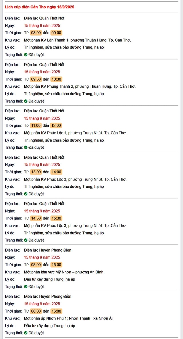 Tra cứu lịch cúp điện hôm nay Thứ 2 ngày 15/9/2025 tại Cần Thơ- Ảnh 1. Tra cứu lịch cúp điện hôm nay Thứ 2 ngày 15/9/2025 tại Cần Thơ- Ảnh 1.