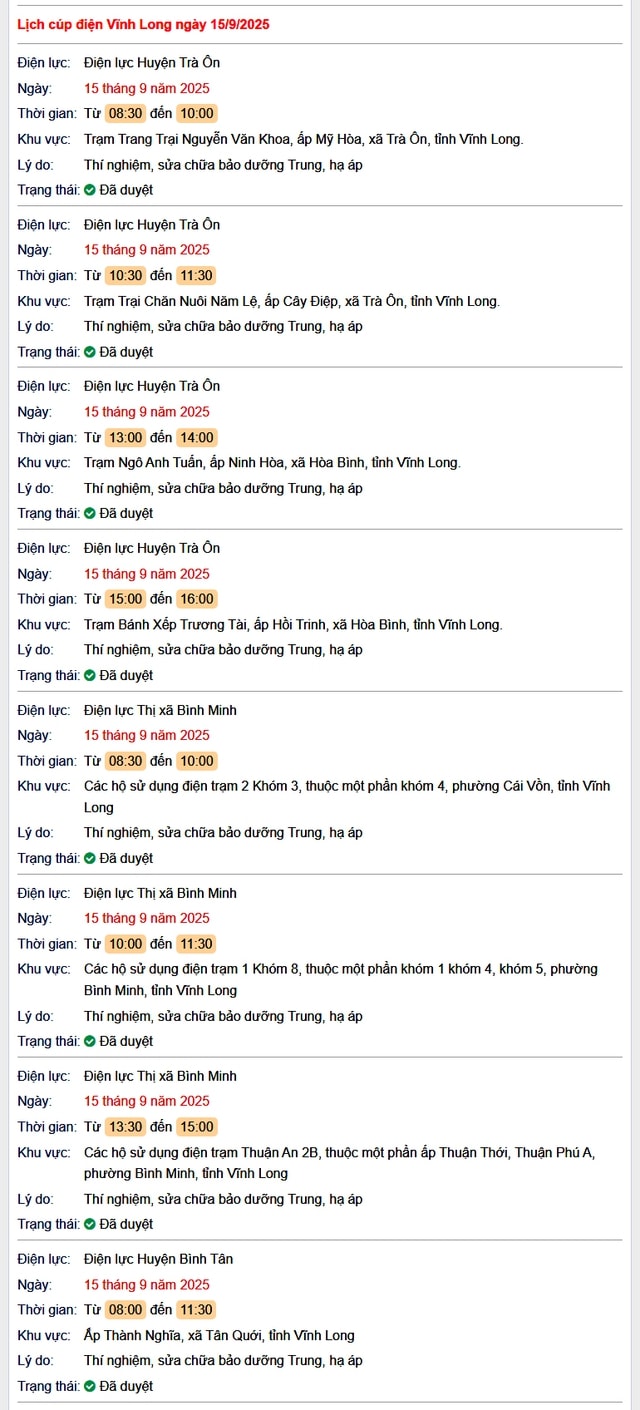 Tra cứu lịch cúp điện hôm nay Thứ 2 ngày 15/9/2025 tại Vĩnh Long- Ảnh 1. Tra cứu lịch cúp điện hôm nay Thứ 2 ngày 15/9/2025 tại Vĩnh Long- Ảnh 1.