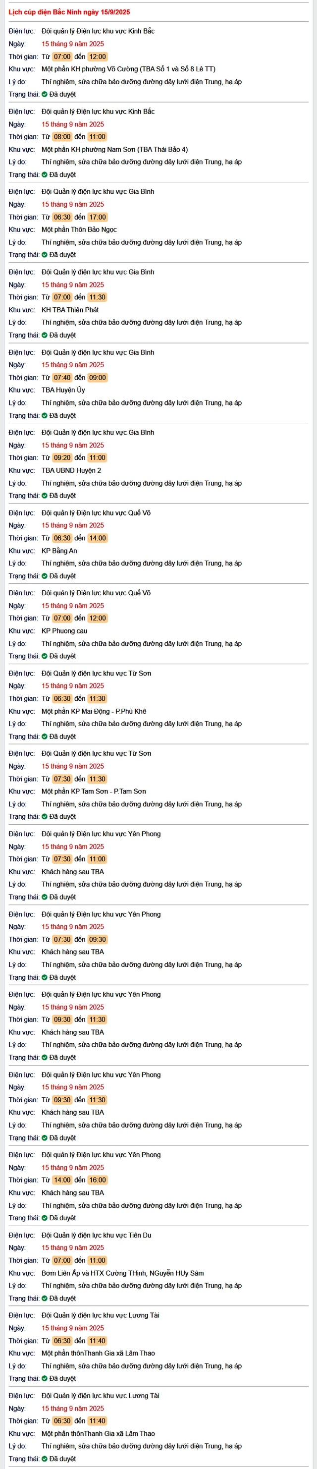Tra cứu lịch cắt điện Bắc Ninh hôm nay Thứ 2 ngày 15/9/2025- Ảnh 1. Tra cứu lịch cắt điện Bắc Ninh hôm nay Thứ 2 ngày 15/9/2025- Ảnh 1.