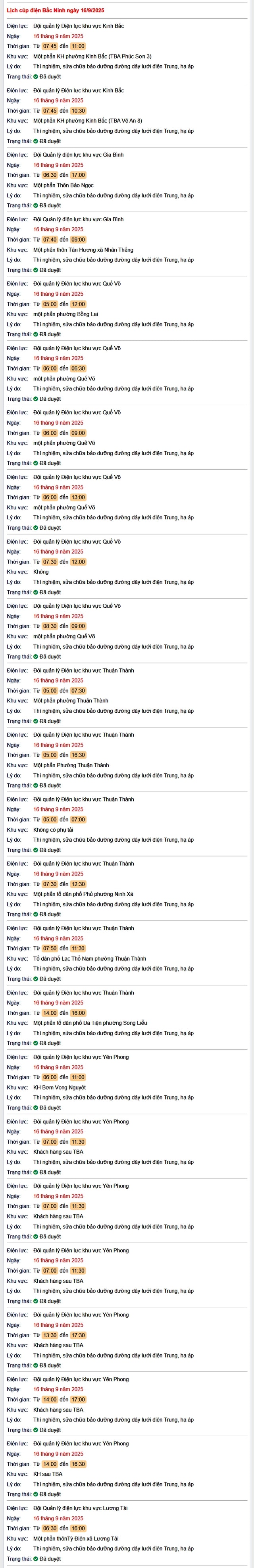 Tra cứu lịch cắt điện Bắc Ninh hôm nay Thứ 3 ngày 16/9/2025- Ảnh 1. Tra cứu lịch cắt điện Bắc Ninh hôm nay Thứ 3 ngày 16/9/2025- Ảnh 1.