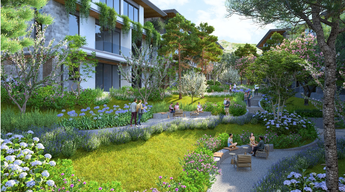 Không gian sống tại Thanh Xuan Valley được rộng mở tối đa, khuyến khích cư dân kết nối với thiên nhiên nguyên bản. (Ảnh: Không gian xanh sau nhà tại phân khu Spring Residences)