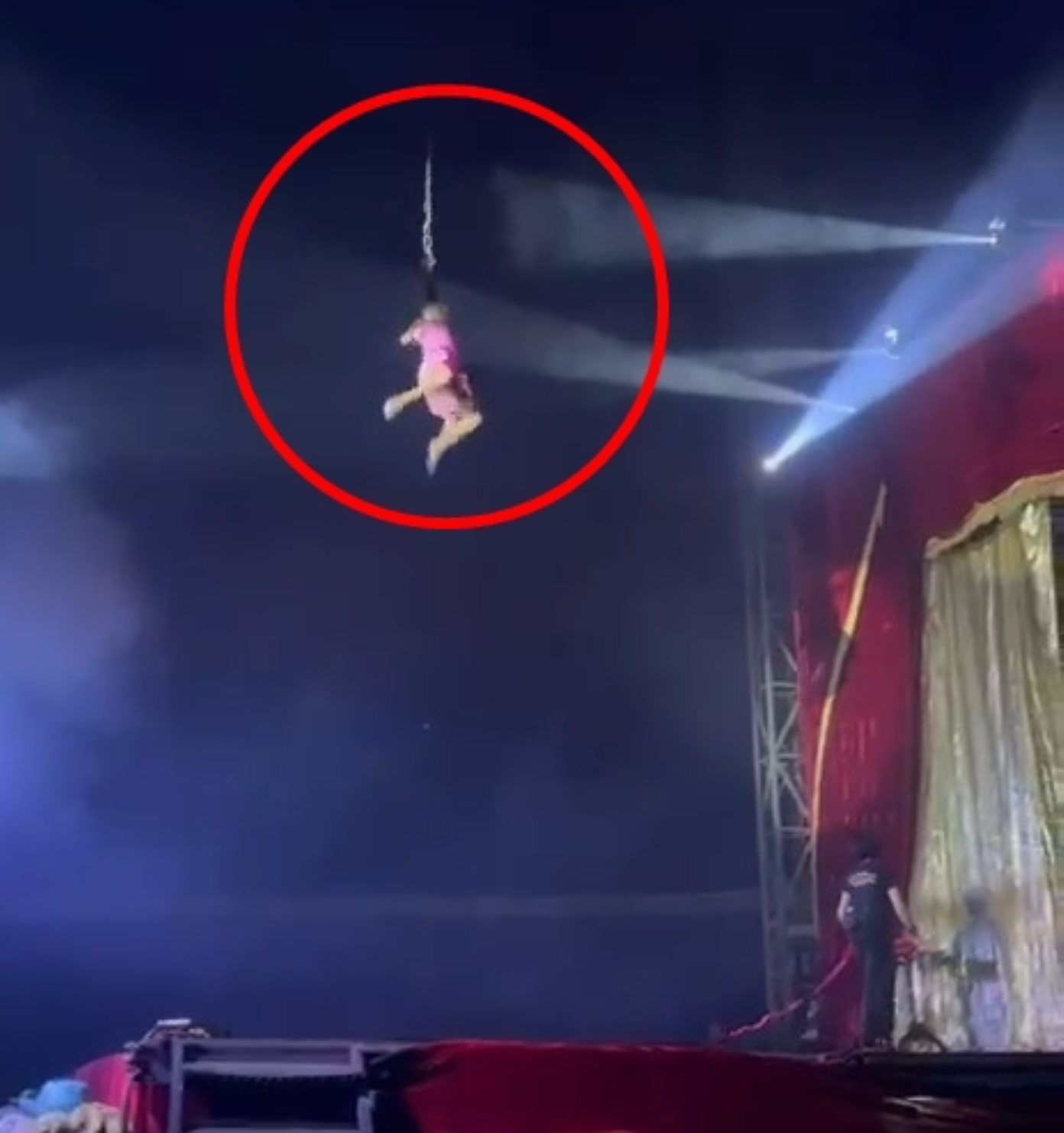 Diễn viên xiếc Aliane Dias đang biểu diễn đột nhiên rơi xuống.(Ảnh: NYP)