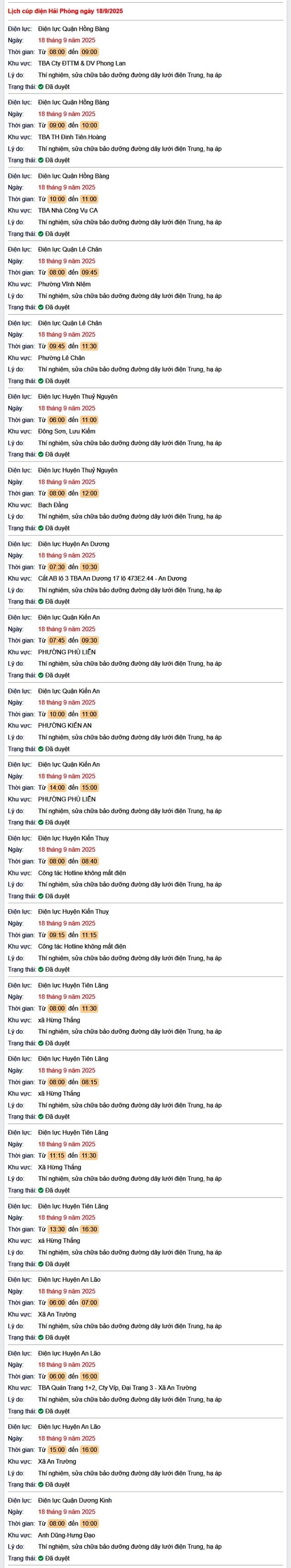 Tra cứu lịch cắt điện Hải Phòng hôm nay Thứ 5 ngày 18/9/2025- Ảnh 1. Tra cứu lịch cắt điện Hải Phòng hôm nay Thứ 5 ngày 18/9/2025- Ảnh 1.