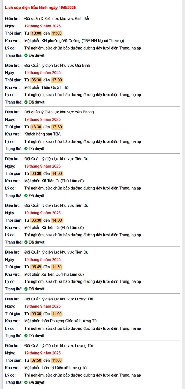 Tra cứu lịch cắt điện Bắc Ninh hôm nay Thứ 6 ngày 19/9/2025- Ảnh 1.