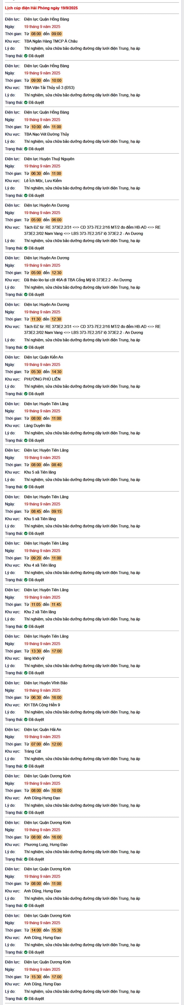 Tra cứu lịch cắt điện Hải Phòng hôm nay Thứ 6 ngày 19/9/2025- Ảnh 1.