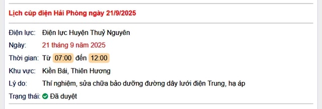 Tra cứu lịch cắt điện Hải Phòng hôm nay Chủ Nhật ngày 21/9/2025- Ảnh 1.