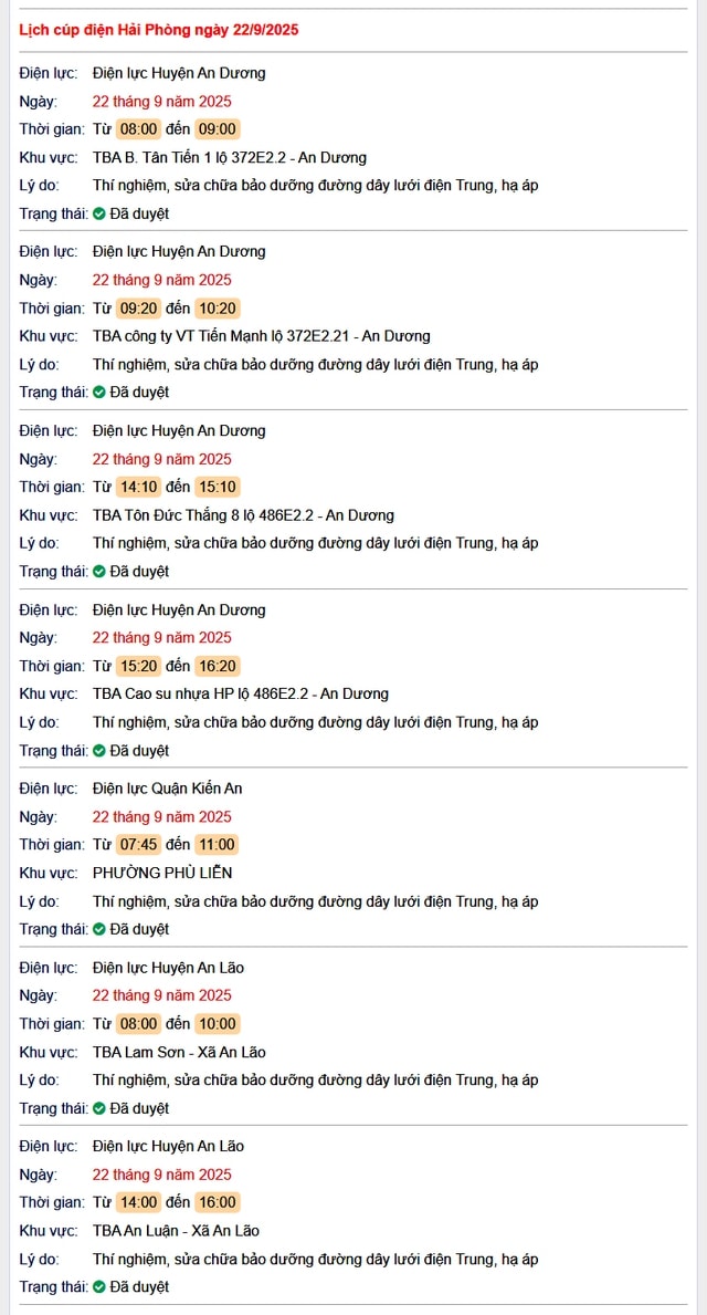 Tra cứu lịch cắt điện Hải Phòng hôm nay Thứ 2 ngày 22/9/2025- Ảnh 1. Tra cứu lịch cắt điện Hải Phòng hôm nay Thứ 2 ngày 22/9/2025- Ảnh 1.