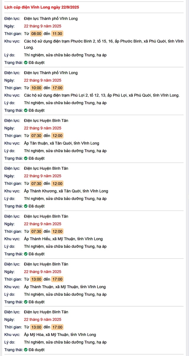 Tra cứu lịch cúp điện hôm nay Thứ 2 ngày 22/9/2025 tại Vĩnh Long- Ảnh 1. Tra cứu lịch cúp điện hôm nay Thứ 2 ngày 22/9/2025 tại Vĩnh Long- Ảnh 1.