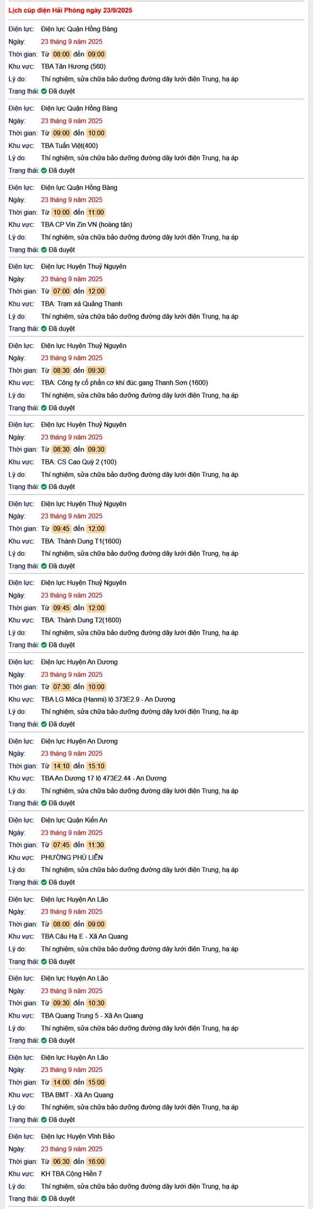 Tra cứu lịch cắt điện Hải Phòng hôm nay Thứ 3 ngày 23/9/2025- Ảnh 1.