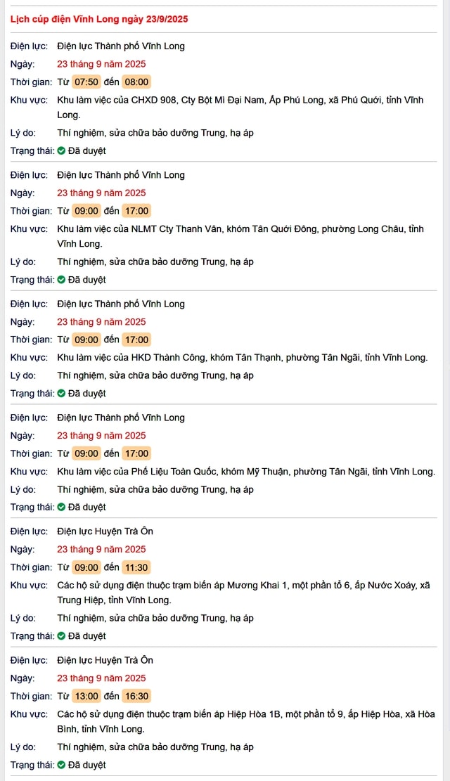 Tra cứu lịch cúp điện hôm nay Thứ 3 ngày 23/9/2025 tại Vĩnh Long- Ảnh 1. Tra cứu lịch cúp điện hôm nay Thứ 3 ngày 23/9/2025 tại Vĩnh Long- Ảnh 1.