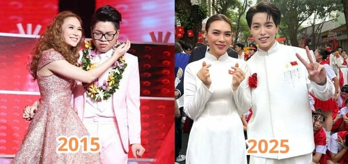 Đức Phúc hội ngộ Mỹ Tâm tại sự kiện tổng duyệt chào mừng Quốc khánh 2/9 ở Hà Nội. Anh sau đó chia sẻ lại khoảnh khắc ngày ấy - bây giờ bên cô giáo với nội dung: 10 năm trôi qua và sự biết ơn, tự hào khi con Đức Phúc được làm học trò của cô Tâm. Ảnh: Nhân vật cung cấp
