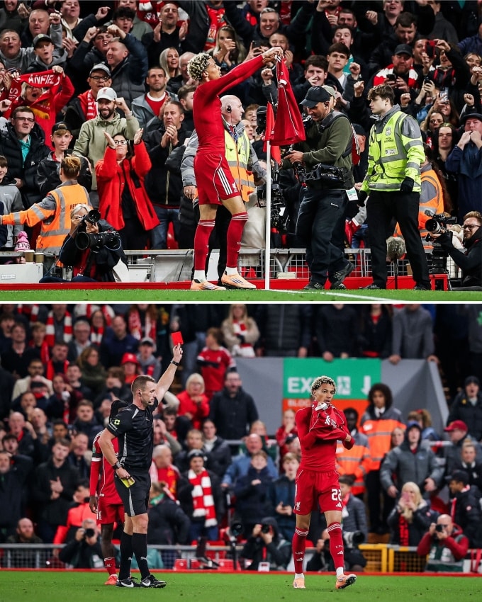 Hugo Ekitike cởi áo ăn mừng rồi nhận thẻ đỏ trong trận Liverpool thắng Southampton 2-1 ở vòng ba Cup Liên đoàn trên sân Anfield, Merseyside, Anh ngày 23/9/2025. Ảnh: Bleacher