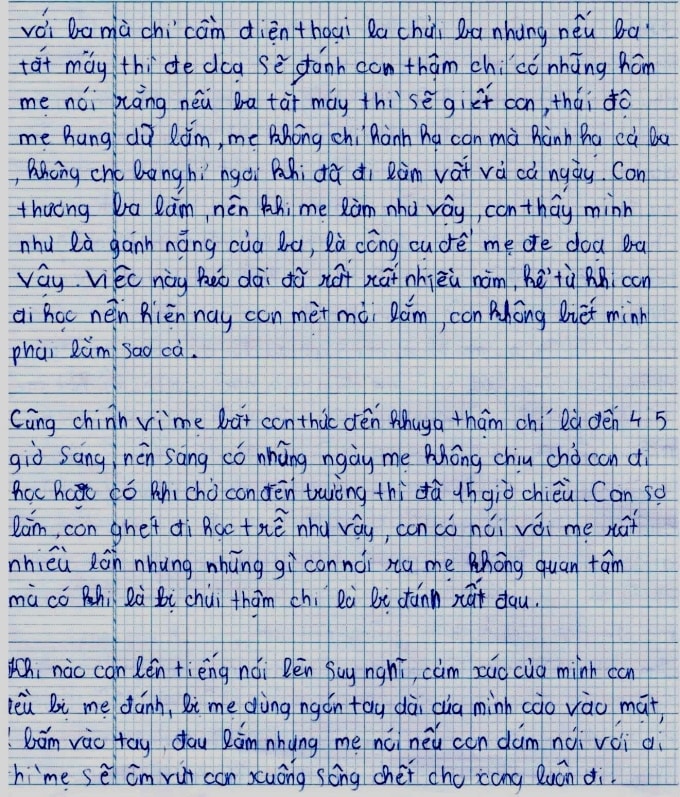 Lá đơn kêu cứu bé gái gửi đến Công an phường Cầu Ông Lãnh về việc bị mẹ bạo hành. Ảnh: Chụp hồ sơ