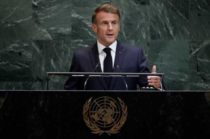 Tổng thống Pháp Emmanuel Macron tại trụ sở Liên Hợp Quốc ở New York, Mỹ, ngày 23/9. Ảnh: AP