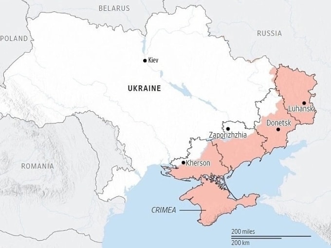 Các vùng lãnh thổ Nga đang kiểm soát ở Ukraine. Đồ họa: ISW
