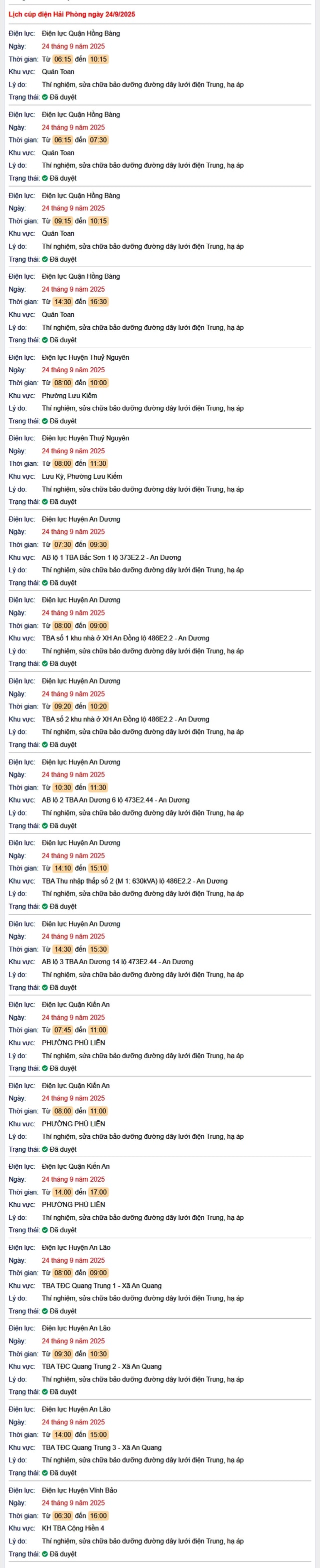Tra cứu lịch cắt điện Hải Phòng hôm nay Thứ 4 ngày 24/9/2025- Ảnh 1.