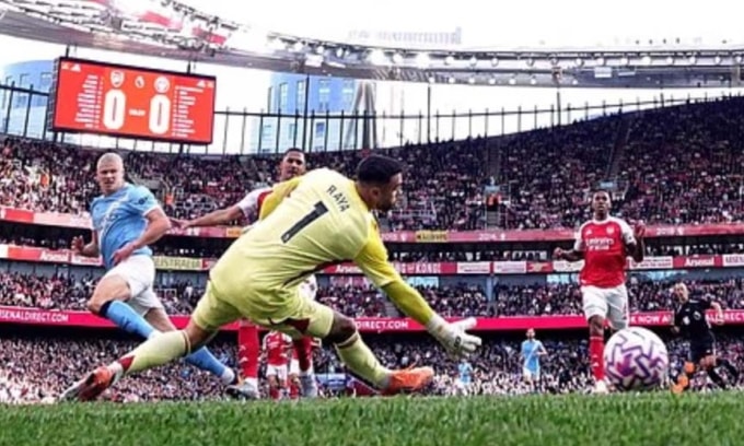 Haaland mở tỷ số cho Man City trong trận gặp Arsenal trên sân Emirates, thành phố London, vòng 5 Ngoại hạng Anh ngày 21/9/2025. Ảnh: Reuters