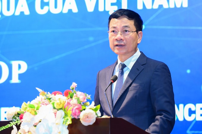 Bộ trưởng Nguyễn Mạnh Hùng tại hội thảo công bố Chỉ số đổi mới sáng tạo toàn cầu (GII). Ảnh: Giang Huy