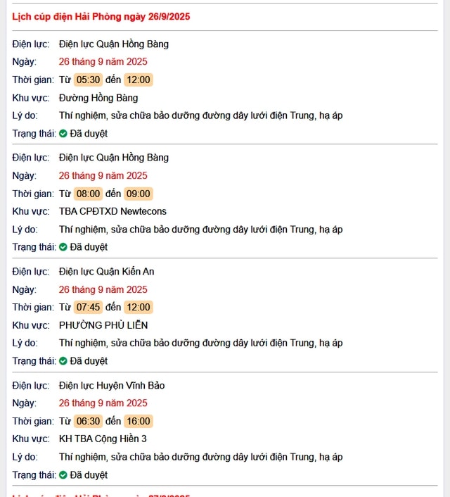 Tra cứu lịch cắt điện Hải Phòng hôm nay Thứ 6 ngày 26/9/2025- Ảnh 1.