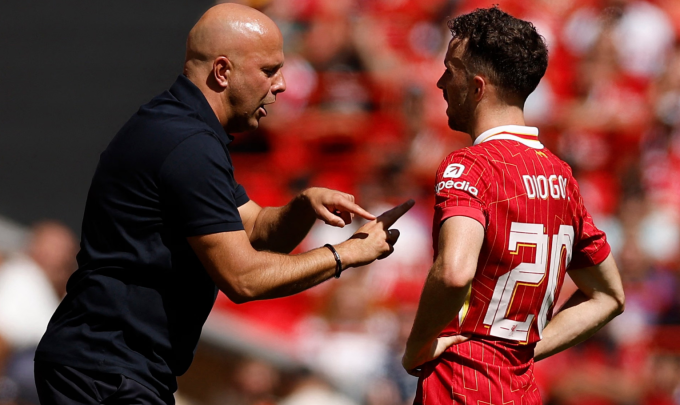 HLV Arne Slot (trái) chỉ đạo Diogo Jota trong trận Liverpool thắng Sevilla 4-1 trên sân Anfield ngày 11/8/2024. Ảnh: Reuters