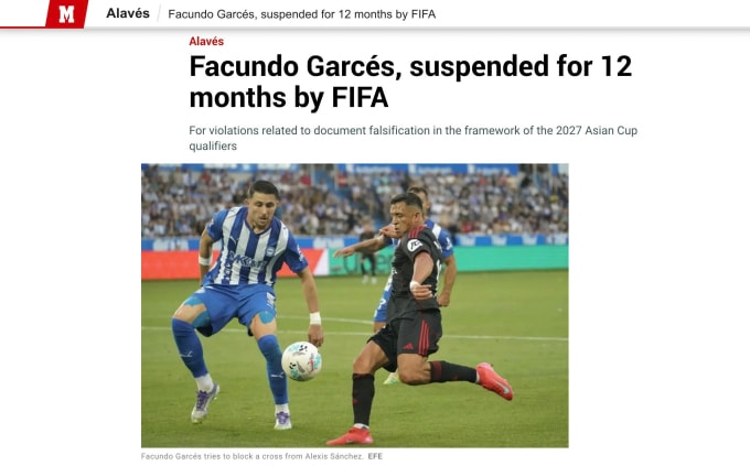 Marca đưa tin về án phạt của Facundo Garces, một trong bảy cầu thủ nhập tịch Malaysia bị cấm thi đấu một năm. Ảnh: chụp màn hình