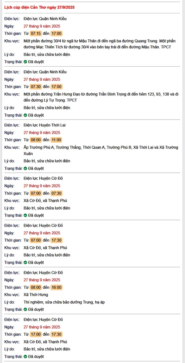 Tra cứu lịch cúp điện hôm nay Thứ 7 ngày 27/9/2025 tại Cần Thơ- Ảnh 1.