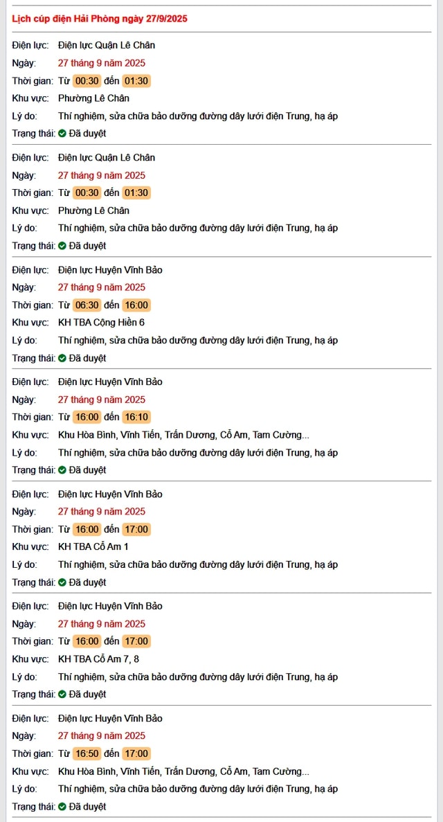 Tra cứu lịch cắt điện Hải Phòng hôm nay Thứ 7 ngày 27/9/2025- Ảnh 1.