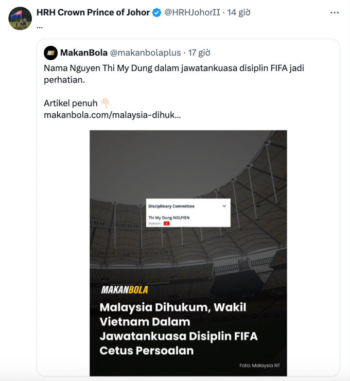 Trang X chính thức của ông Tunku Ismail - Nhiếp chính vương Johor và Chủ tịch CLB Johor Darul Tazim, chia sẻ lại bài viết nhắc đến bà Nguyễn Thị Mỹ Dung. Ảnh: Chụp màn hình
