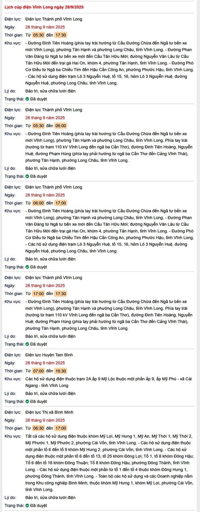 Tra cứu lịch cúp điện hôm nay Chủ Nhật ngày 28/9/2025 tại Vĩnh Long- Ảnh 1.