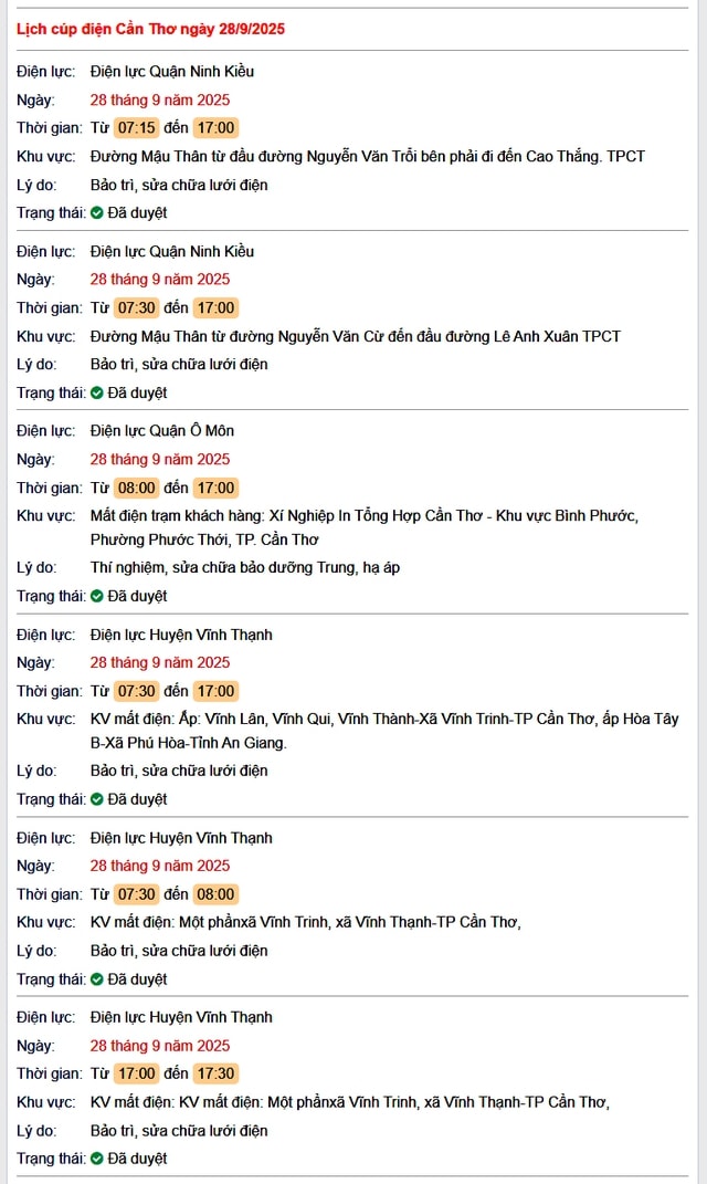 Tra cứu lịch cúp điện hôm nay Chủ Nhật ngày 28/9/2025 tại Cần Thơ- Ảnh 1.